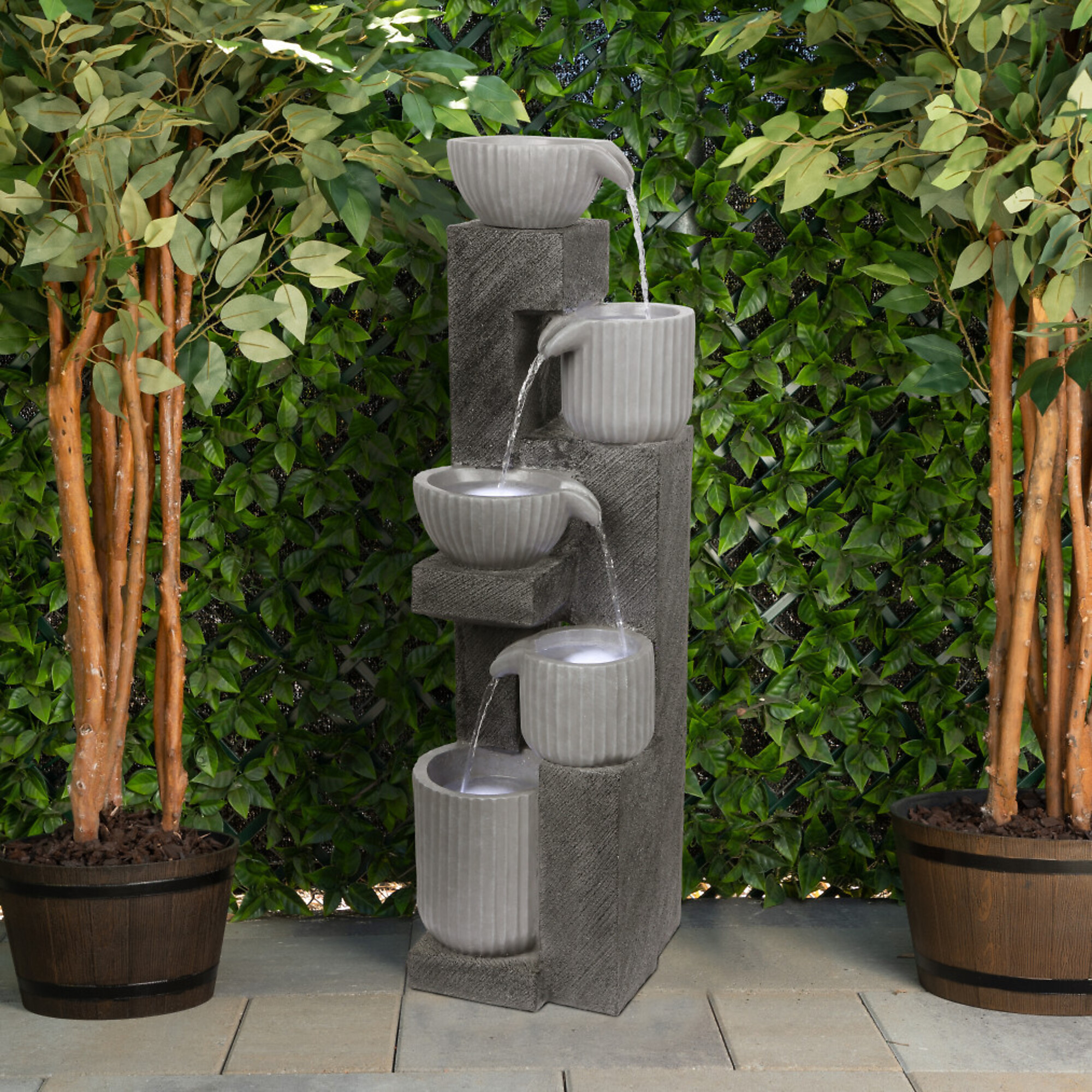 Alpine Corporation, Pot Fountain with LED Lights,5-Tiered, Volts 120 Power Cord Length 6 ft, Model# WIN1676